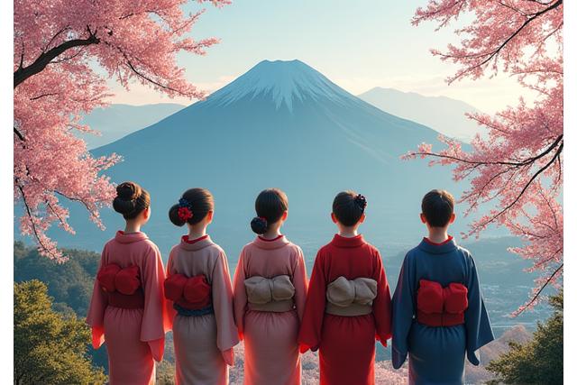 日本の美しい景色を眺める着物姿の人々