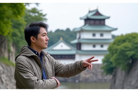 歴史的な城跡で日本の歴史について説明する専門家